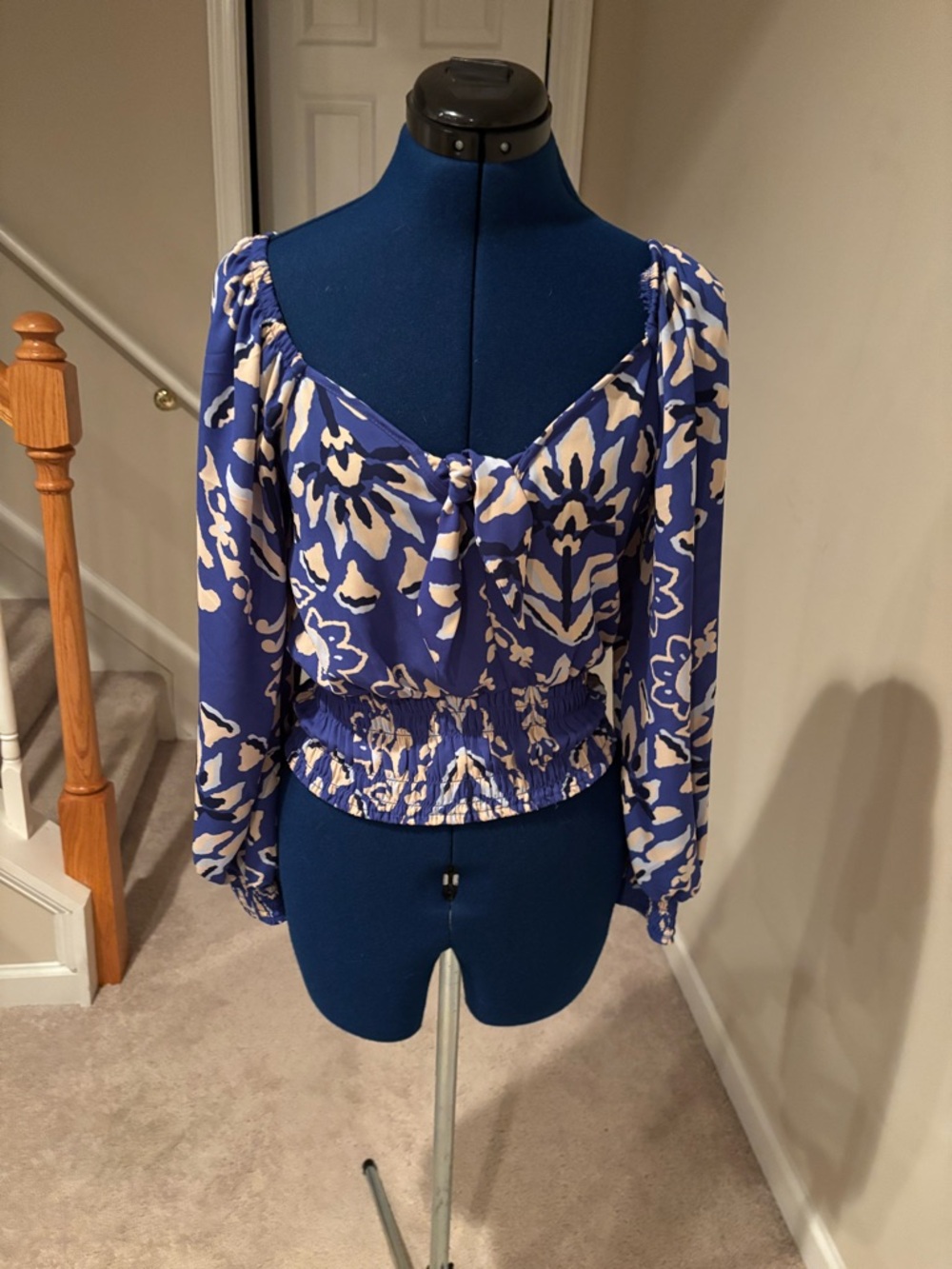 Sienna Sky Blue and Cream Floral Peasant Blouse